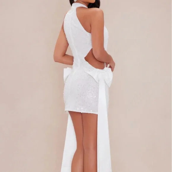 Elegant White Sequin Cut-Out with White Bow Dress - Picture 3 of 4